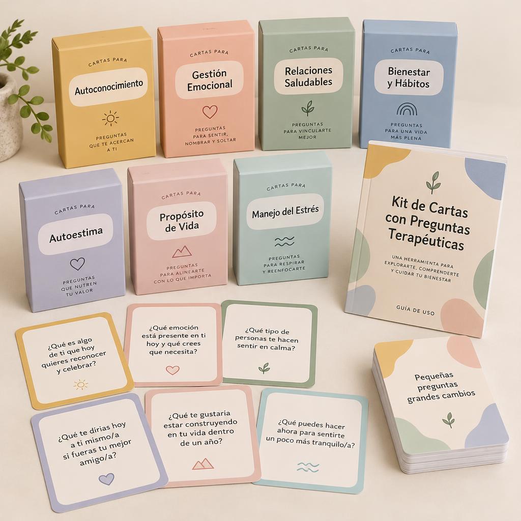 Kit de Cartas con Preguntas Terapéuticas - mockup completo